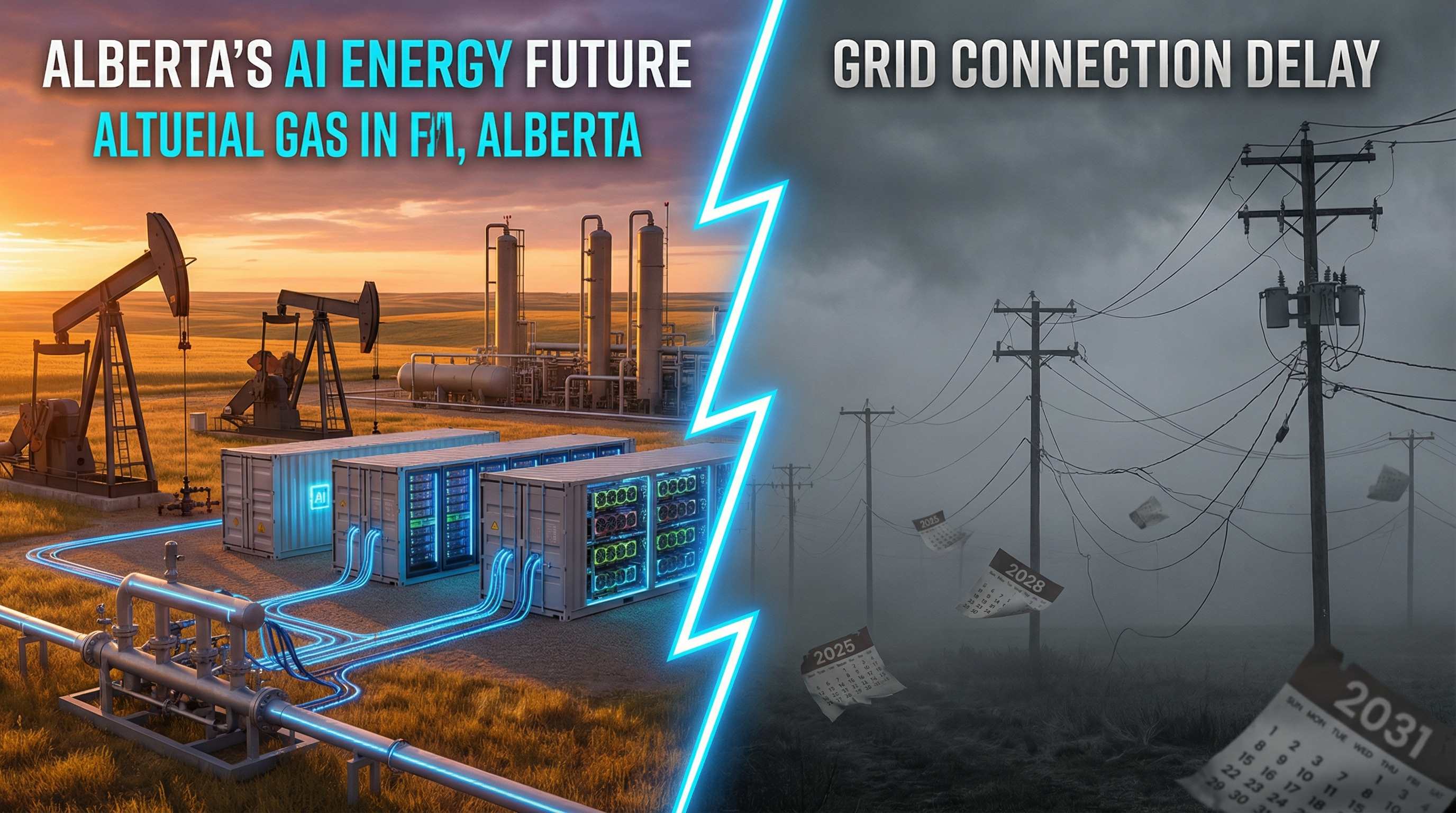 Split-screen showing Alberta natural gas powering AI data centers on the left versus grid connection delays on the right